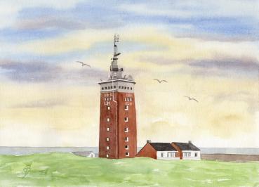 Postkarte DIN-A6  Aquarell Maritim Kunst Druck Kunstdruck Nordsee Insel Helgoland Leuchtturm Strand Düne